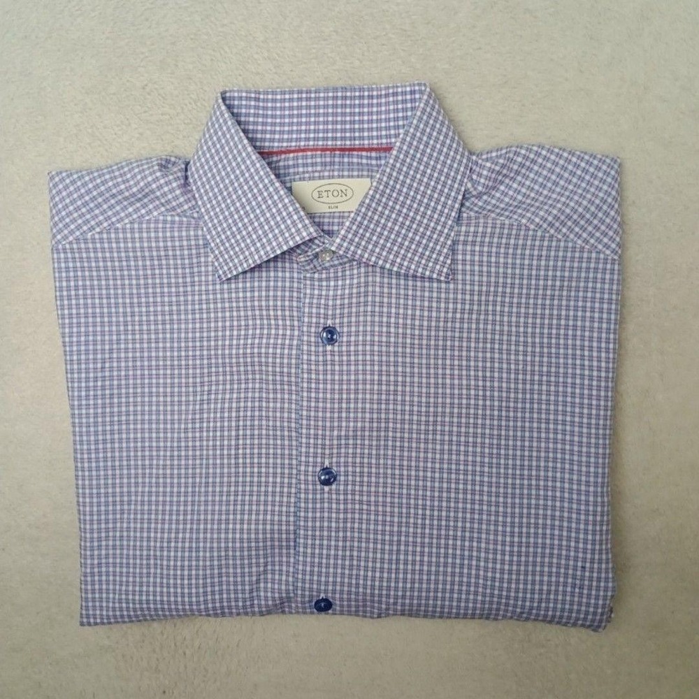Eton Shirt Men 15.5 Blue Plaid Slim Button-Up Cotton Spread Collared Work School
